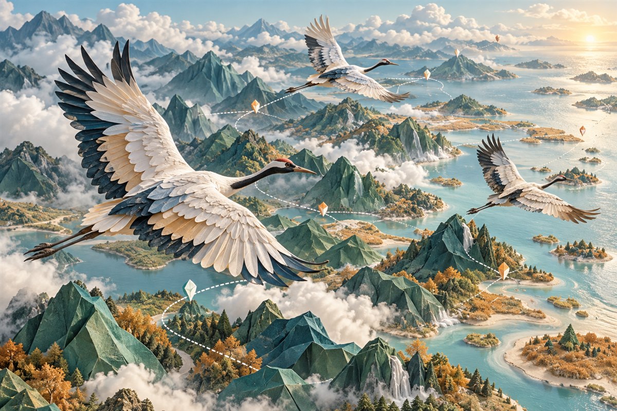 纸雕山丘与迁徙飞鸟构成的网络路径概念场景